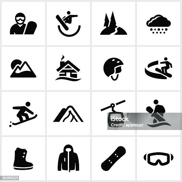Ikony Czarny Snowboarding - Stockowe grafiki wektorowe i więcej obrazów Snowboard - Snowboard, Dom z bali, Ikona