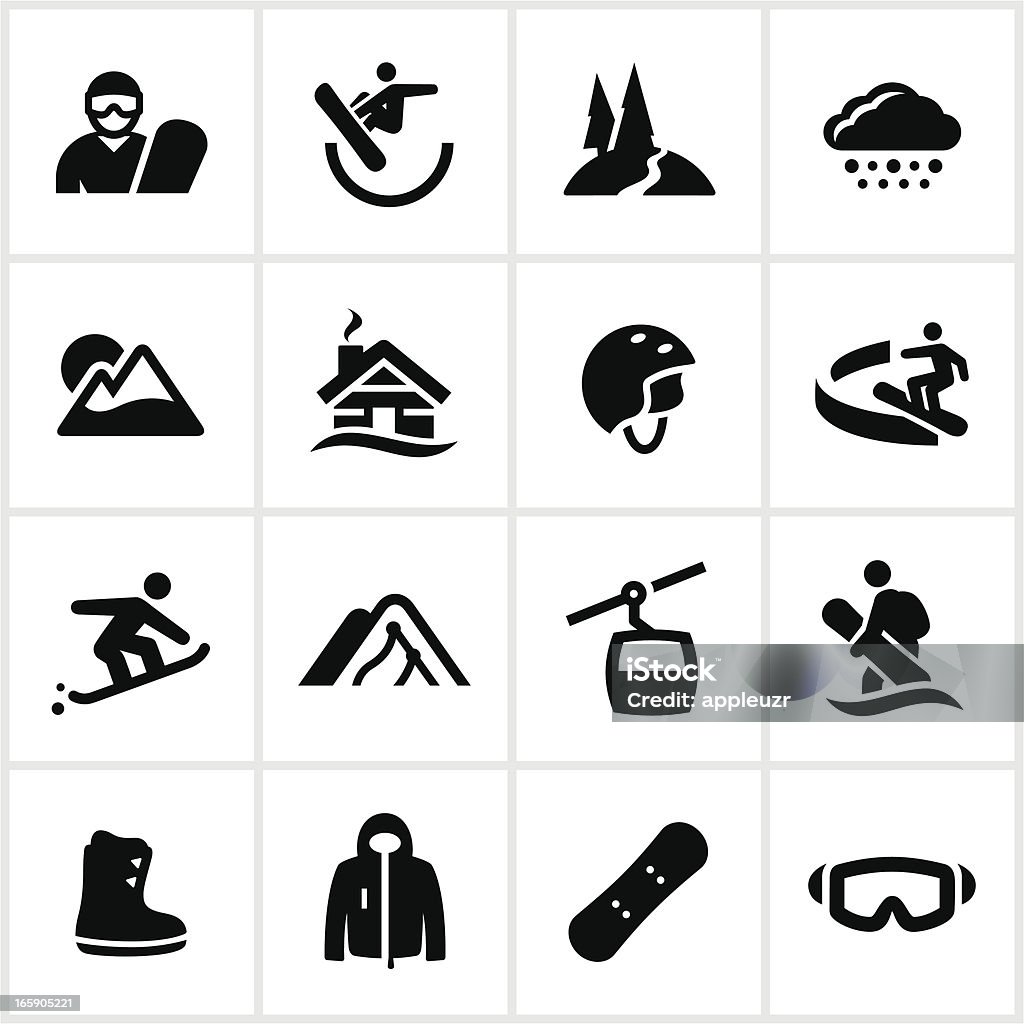 Black Snowboarding Icons Snowboarding related icons. All white strokes/shapes are cut from the icons and merged allowing the background to show through. Snowboard stock vector