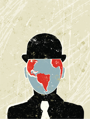Man of the World! A stylized vector cartoon of a Businessman with a bowler hat and a world map for his face, the style is  reminiscent of an old screen print poster, suggesting global business, globalization or business travel. Man, hat, globe,paper texture and background are on different layers for easy editing. Please note: clipping paths have been used,  an eps version is included without the path.