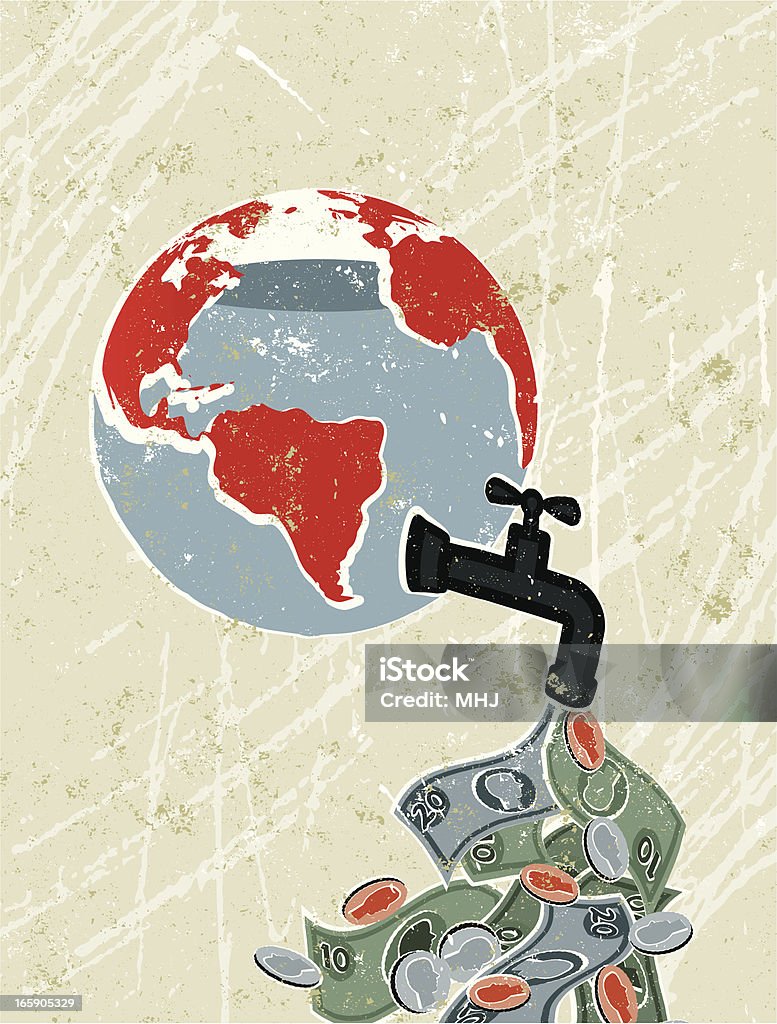 Mundo globo com uma torneira com vazamento dinheiro - Vetor de Globo terrestre royalty-free