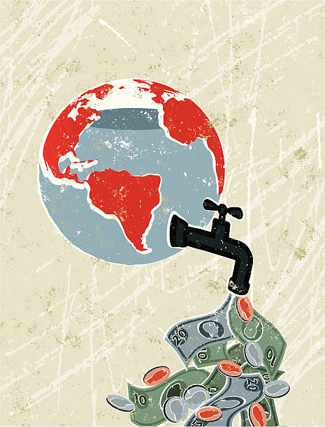 World Globe With Faucet Leaking Money World Debt! A stylized vector cartoon of a the Earth with an old tap or faucet spouting money reminiscent of an old screen print poster and suggesting environmental damage, debt, global economics, world recession, waste, wasting money or global money markets. Tap,earth, money, paper texture, and background are on different layers for easy editing. Please note: clipping paths have been used, an eps version is included without the path. climate change money stock illustrations