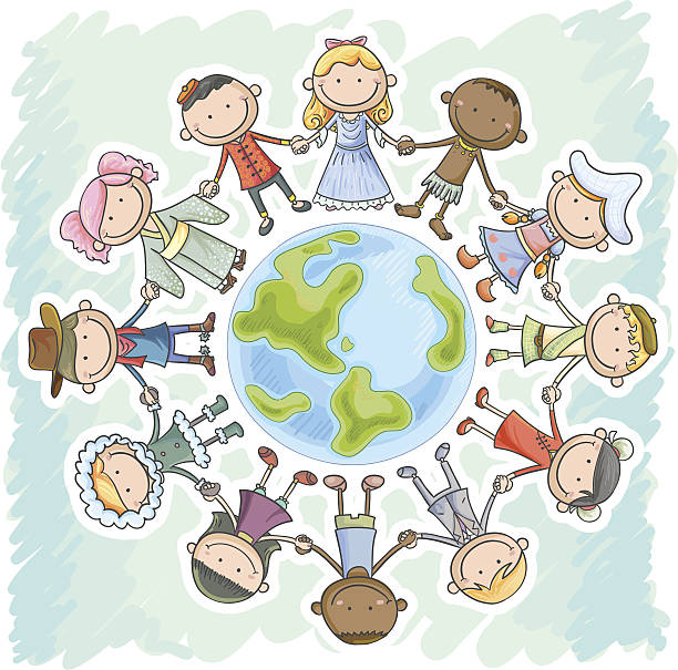 illustrations, cliparts, dessins animés et icônes de autre nationalité enfants tenant les mains, debout autour de la terre - posing earth planet map
