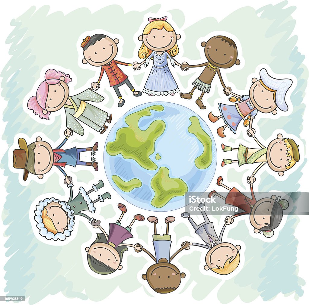 Outra nacionalidade crianças segurando as mãos, em pé ao redor da Terra - Vetor de Criança royalty-free