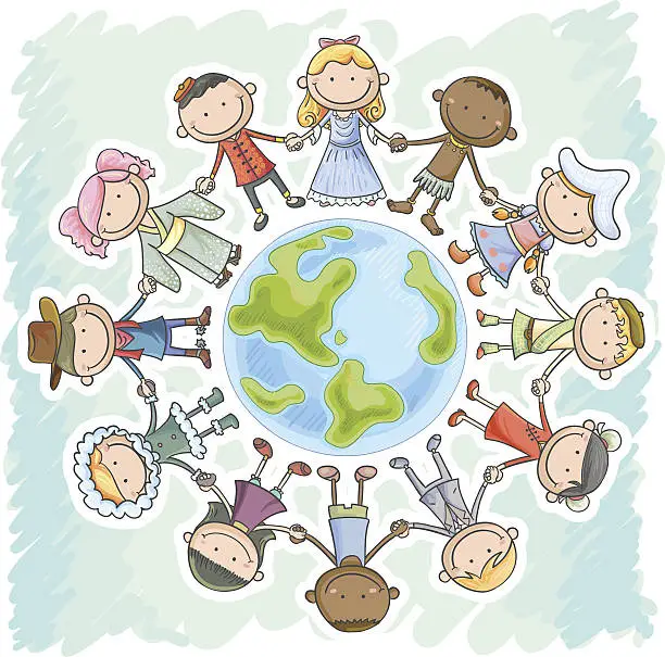 Vector illustration of Different nationality kids holding hands, standing around the earth