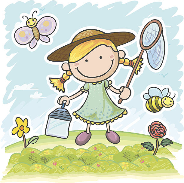 ilustraciones, imágenes clip art, dibujos animados e iconos de stock de niña en el jardín, para mariposa - rose single flower red flower