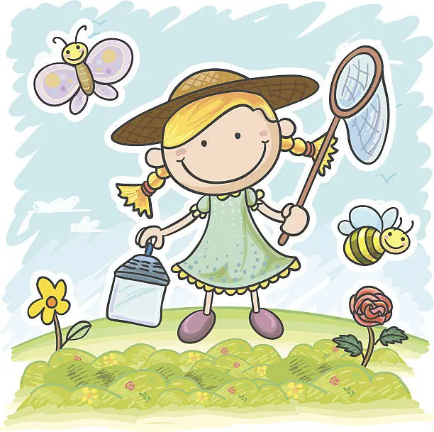 Vector illustration of Little girl in the garden, catching butterfly