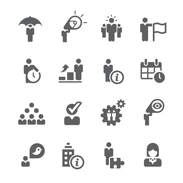 Illustrated business management icons in black vector art illustration