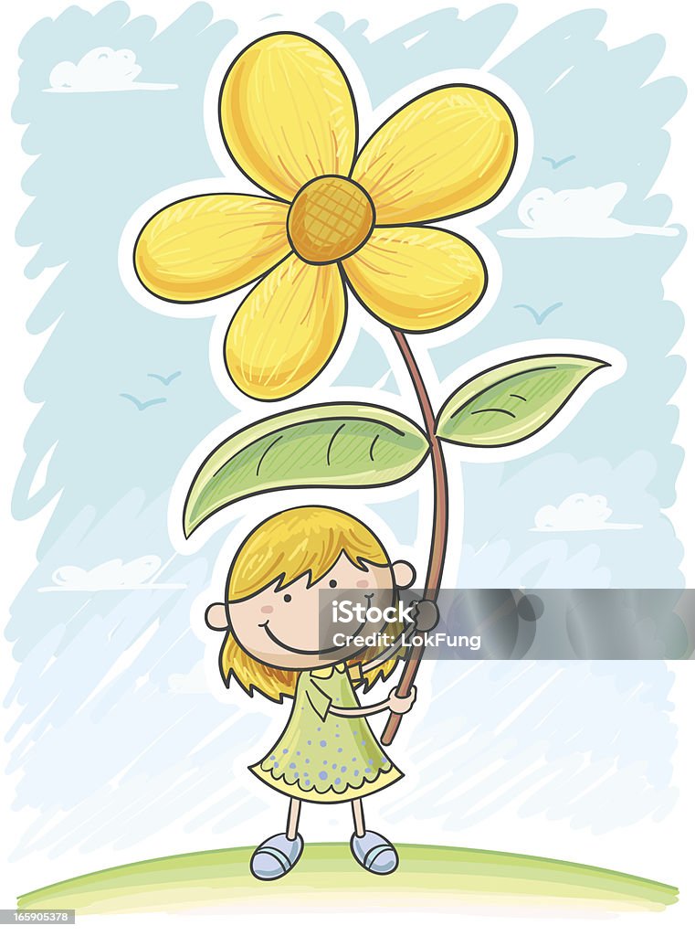 Petite fille est en tenant une fleur surdimensionnée - clipart vectoriel de Adolescent libre de droits