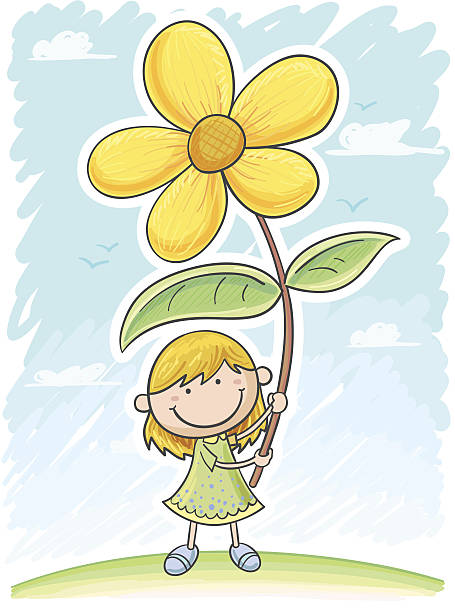 Little Girl Is Holding A Big Flower Stock Illustration - Download Image Now  - Art And Craft, Botany, Cartoon - iStock