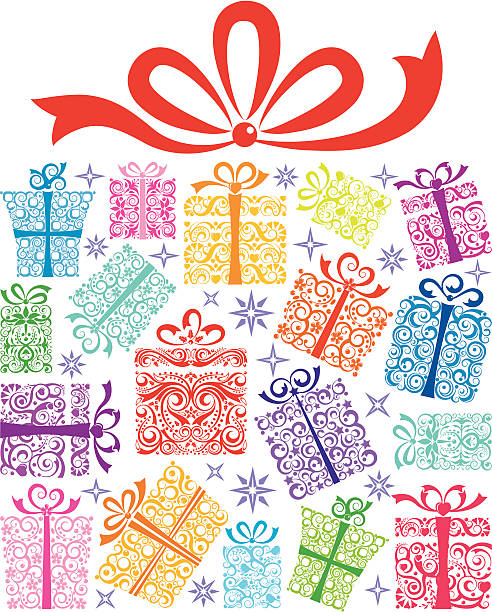 ilustraciones, imágenes clip art, dibujos animados e iconos de stock de caja de regalo hecha de regalos - birthday present christmas pink white background