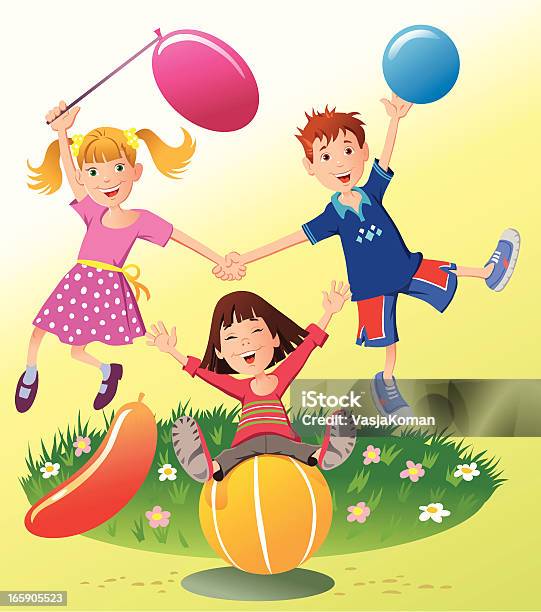 Dzieci Bawiące Się Z Piłki I Balony - Stockowe grafiki wektorowe i więcej obrazów Dowcip rysunkowy - Dowcip rysunkowy, Dziecko, Lato
