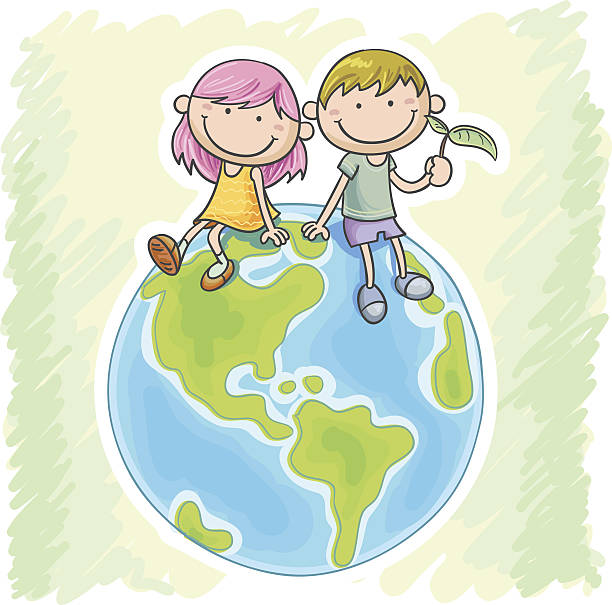 Little girl and boy sitting on the globe Little girl and boy sitting on the globe in colourful cartoon style cartoon earth happy planet stock illustrations