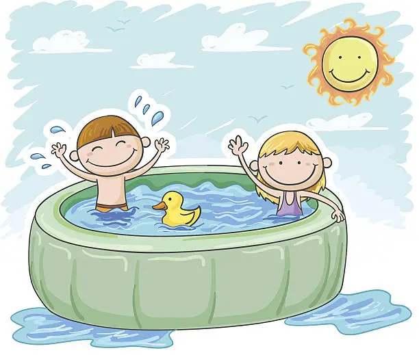 Vector illustration of Little boy and girl having fun in water pool