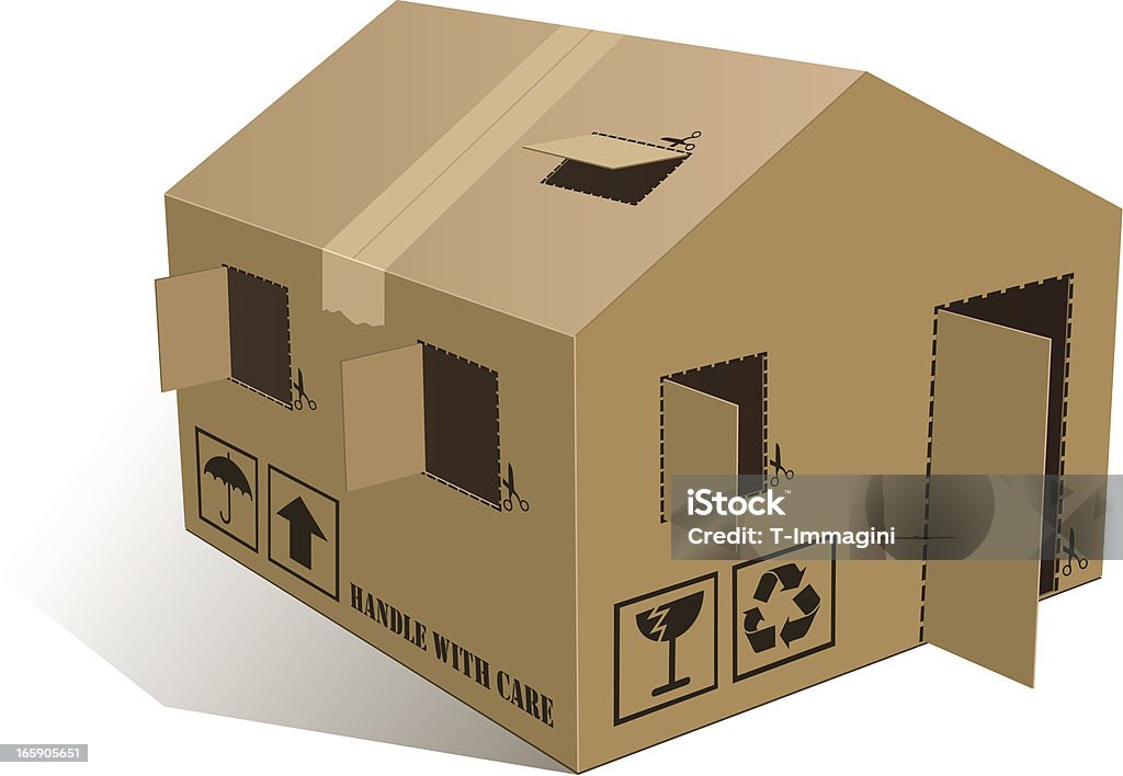Open Home Box House made with corrugated fiberboard box, handle with care. House stock vector
