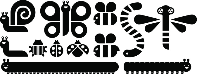 Insect graphic set in black and white including snail, slug, butterfly, bee, wasp, earthworm, dragonfly, beetle, ladybirds, centipede and caterpillar.