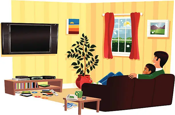 Vector illustration of Couple watching TV in living room