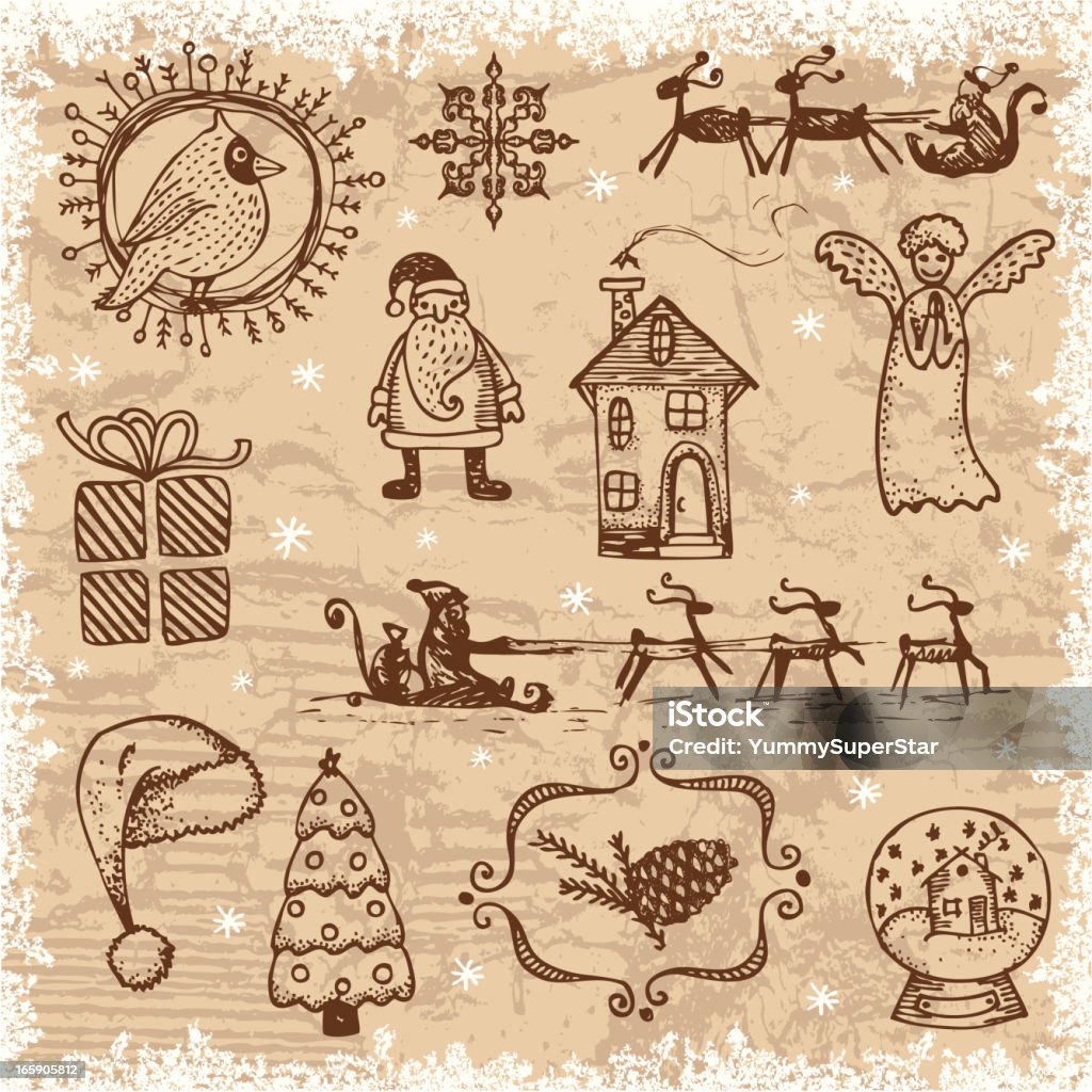 Estilo Vintage Navidad set dibujados a mano - arte vectorial de Garabato libre de derechos