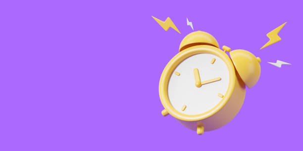 istock Yellow alarm clock ringing on copy space violet background, notification 1659059022