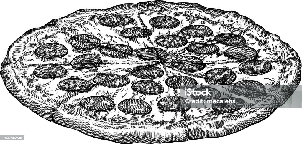 Pizza Drawing Hand drawn peperoni pizza in black and white - vector illustrtation Pizza stock vector