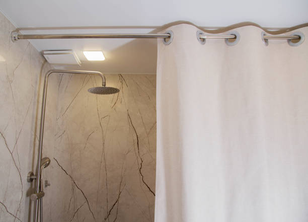 Shower curtain in the bathroom. Copy space for text