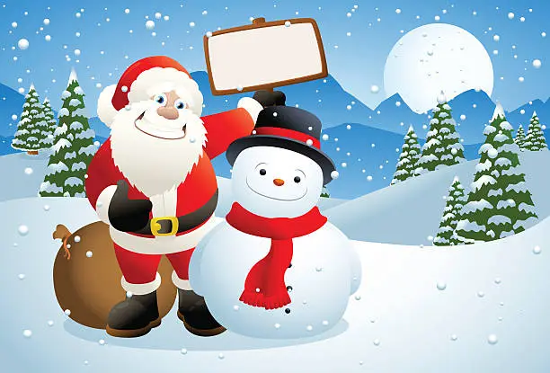 Vector illustration of Santa Claus and snowman holding a blank sign