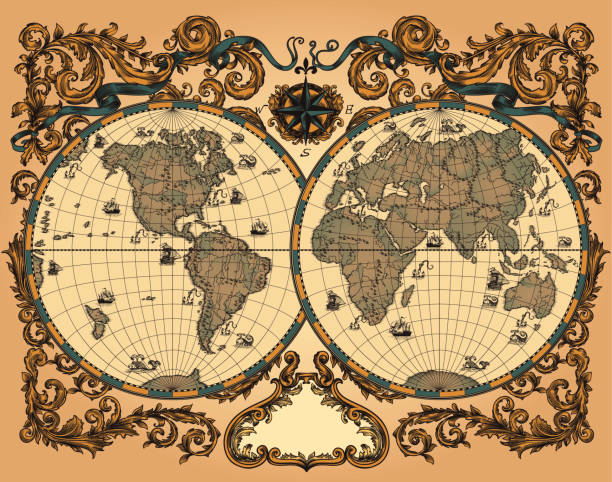 illustrations, cliparts, dessins animés et icônes de carte du monde de style vintage - compass drawing compass map cartography