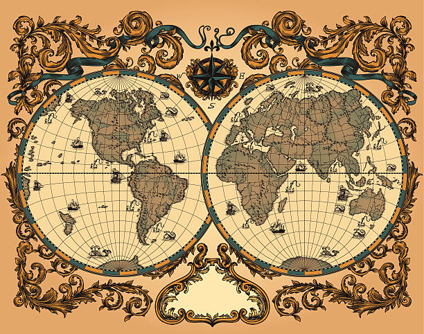 illustrazioni stock, clip art, cartoni animati e icone di tendenza di mappa del mondo nel modello vintage - compass drawing compass map cartography