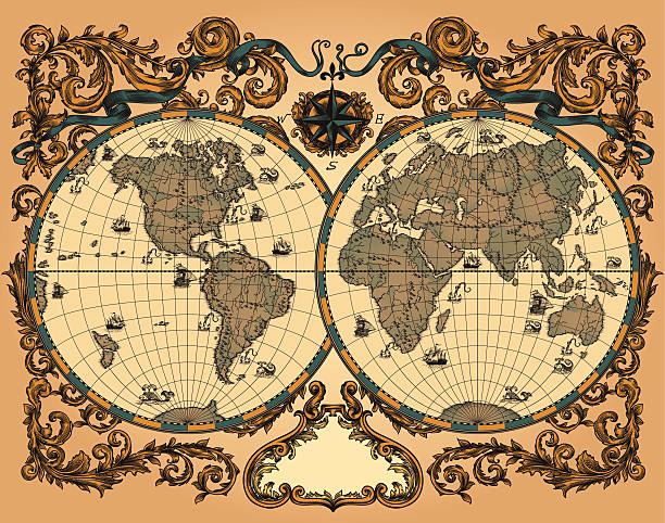 illustrazioni stock, clip art, cartoni animati e icone di tendenza di mappa del mondo nel modello vintage - north map direction old