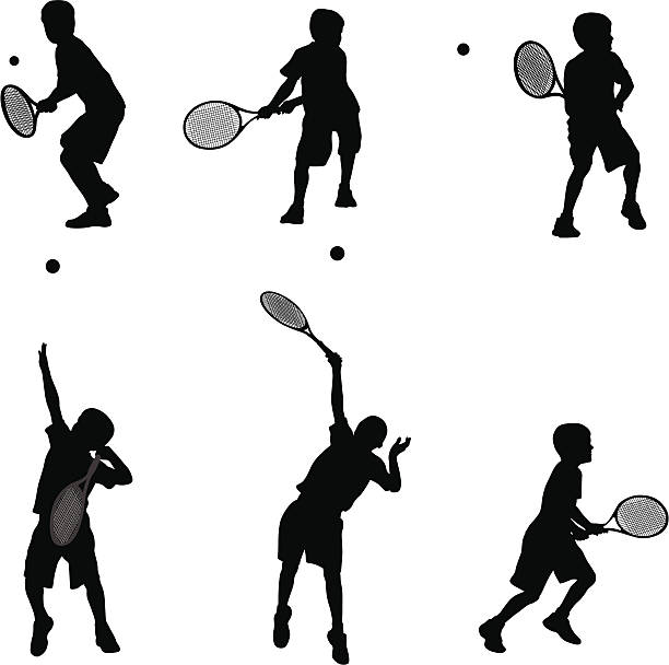 남자아이'stennis - tennis serving silhouette racket stock illustrations