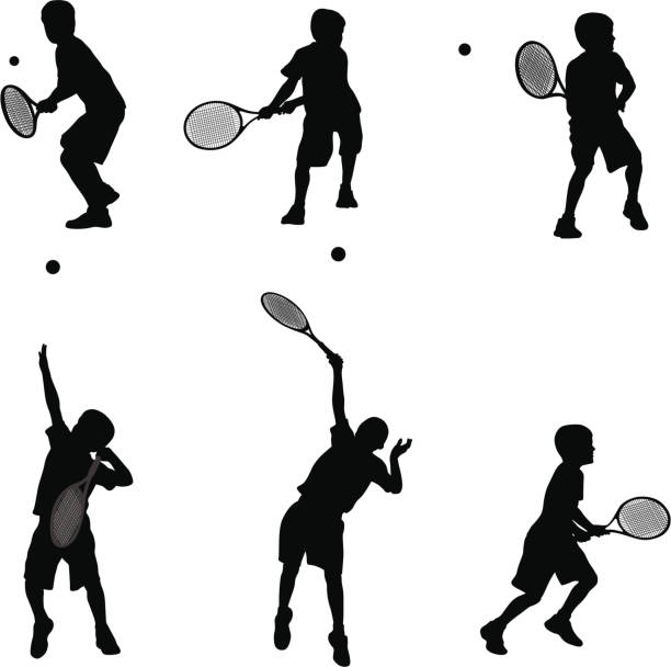 ilustrações de stock, clip art, desenhos animados e ícones de menino'stennis - tennis serving silhouette racket