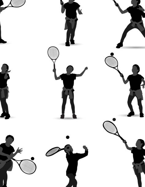 ilustraciones, imágenes clip art, dibujos animados e iconos de stock de niña jugando al tenis - silhouette tennis competitive sport traditional sport