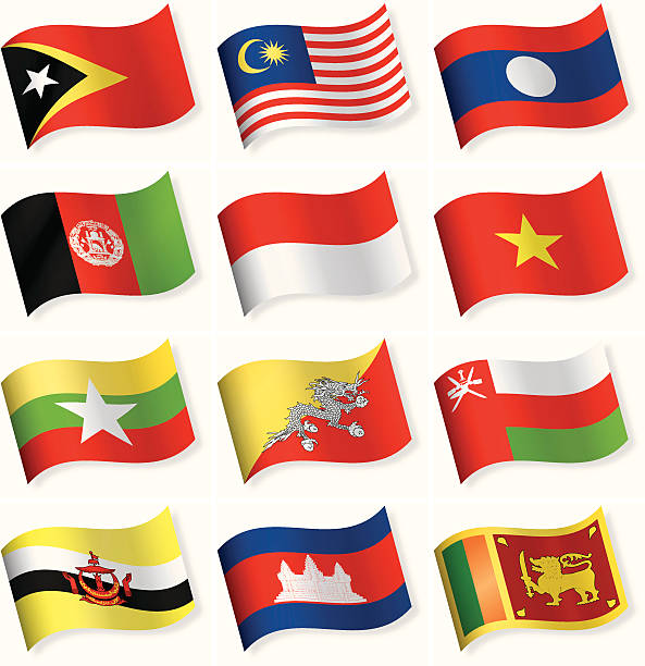 illustrations, cliparts, dessins animés et icônes de drapeaux waveform icône collection-asie - bhutanese flag
