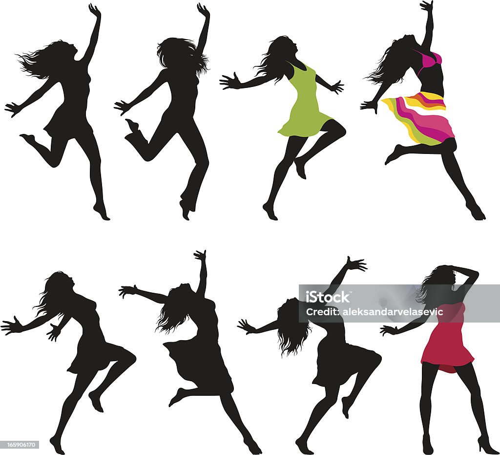 Dancing Women Silhouettes Set of cheerful women silhouettes.Hi res jpeg included. More works like this linked below. Cut Out stock vector