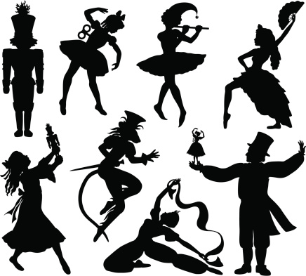 Nutcracker Ballet Silhouettes including Clara, Herr Drosselmeyer, Mechanical doll, harlequin, Mouse King, Spanish dancer and Arab dancer.