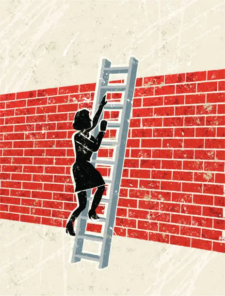 Vector illustration of Woman Climbing Ladder Over a brick Wall