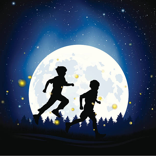 ilustraciones, imágenes clip art, dibujos animados e iconos de stock de fireflies summer - child silhouette animal copy space