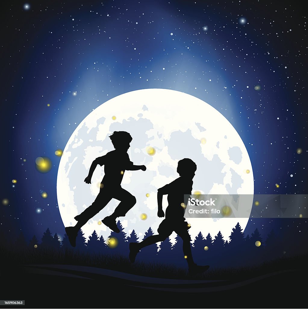 Summer Fireflies Kids running among fireflies summer scene concept.  Firefly stock vector