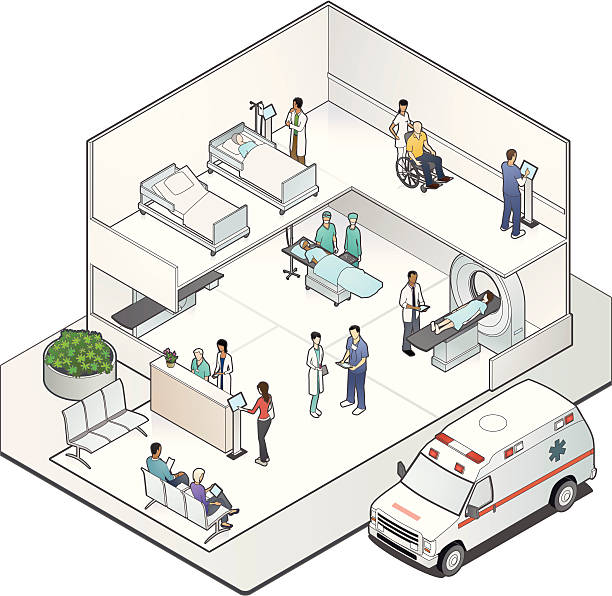 ilustraciones, imágenes clip art, dibujos animados e iconos de stock de isométricos hospital de unión (cutaway) - emergency room illustrations