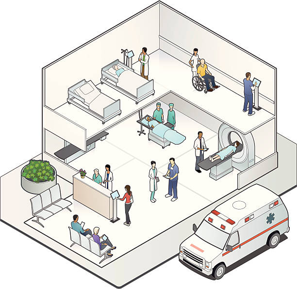 szpital cutaway isometric - surgery emergency room hospital operating room stock illustrations