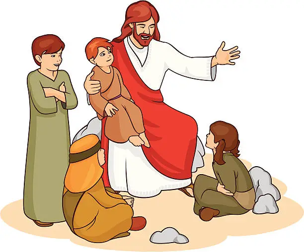 Vector illustration of Drawing of Jesus and children telling them a story