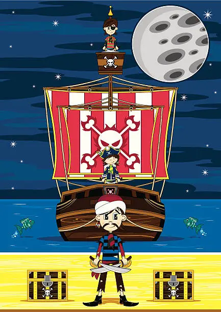Vector illustration of Cute Turban Pirate and Ship Beach Scene