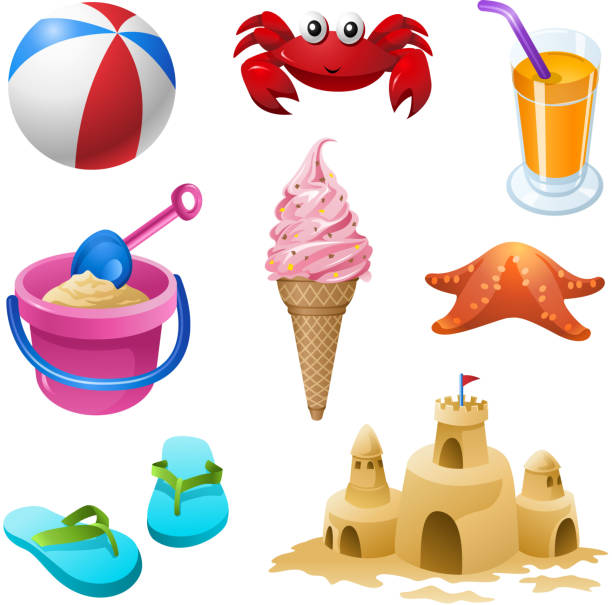 Summer Beach Elements Set Beach icons sand pail and shovel stock illustrations