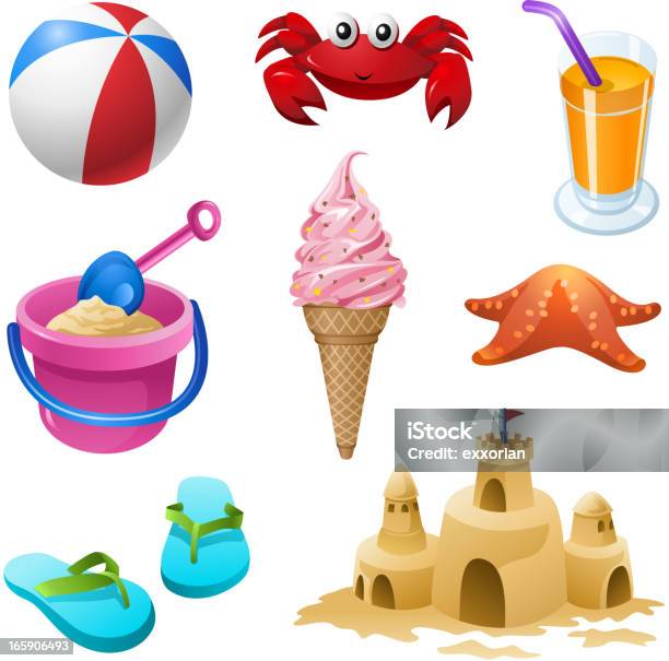 Summer Beach Elements Set Stock Illustration - Download Image Now - Beach, Sand Bucket, Crab