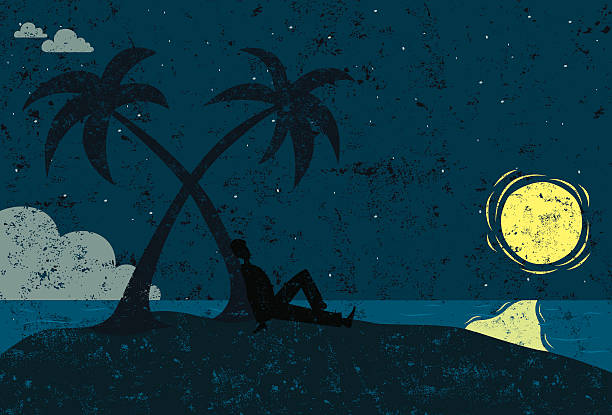 Man on island looking at the moon A man in silhouette seated next to a palm tree on a desert island looking at the moon. The man & island and background are on separate labeled layers. stranded stock illustrations