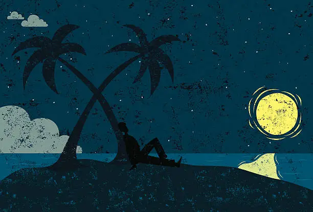 Vector illustration of Man on island looking at the moon