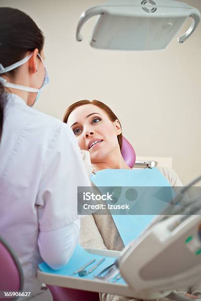 Im Gespräch Mit Patienten In Zahnarzt In Exam Stuhl Stockfoto und mehr Bilder von Heilbehandlung