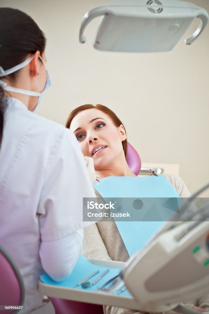 Dentist Talking to Patient in Exam Chair A female dental patient sitting in the exam chair is looking at her dentist who is talking to her. Dentist Stock Photo