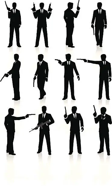 Vector illustration of Silhouettes of a special agent posing with a gun