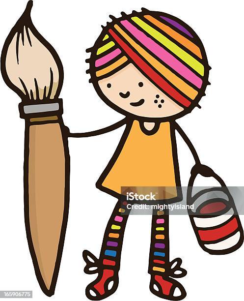 Девушка С Волос Rainbow Цвета И Большой Краска Щетка — стоковая векторная графика и другие изображения на тему Кисть