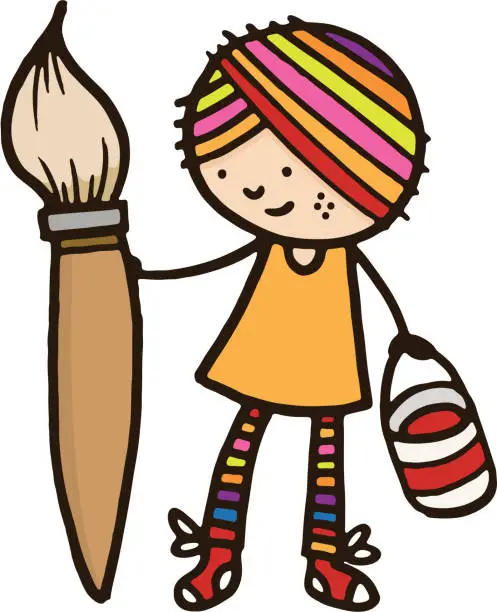 Vector illustration of Girl with rainbow coloured hair and large paint brush